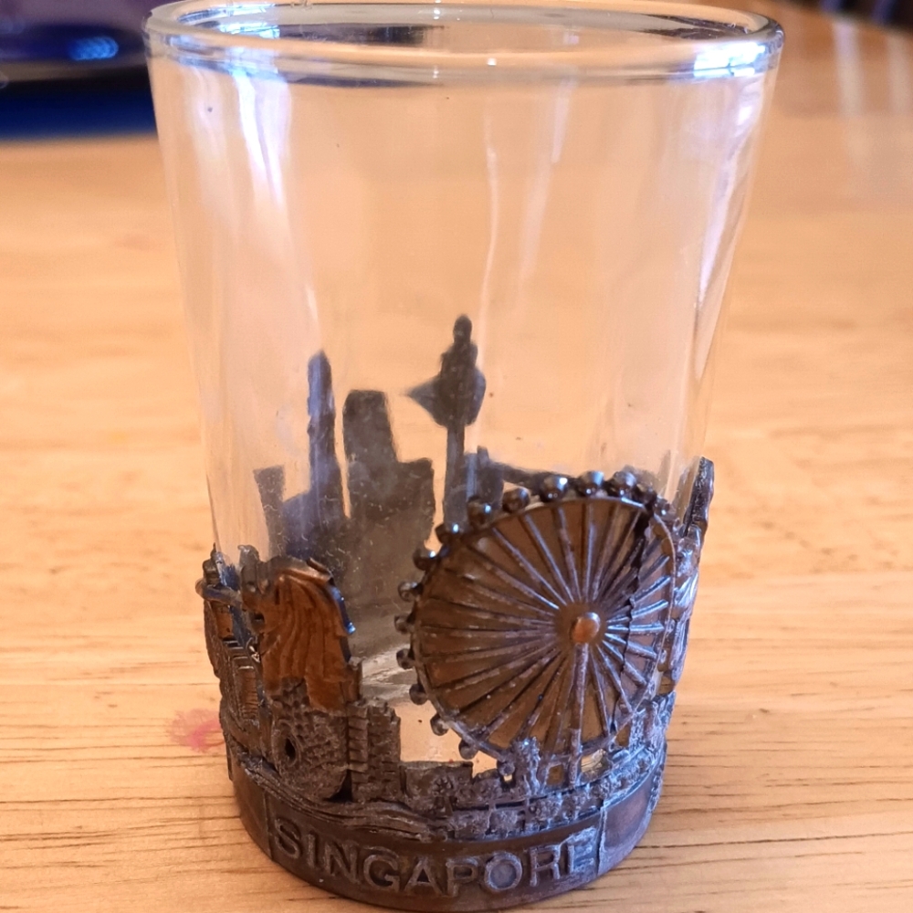 Rare Singapore Collectible Shot Glass Metal All Around Design of Landmarks